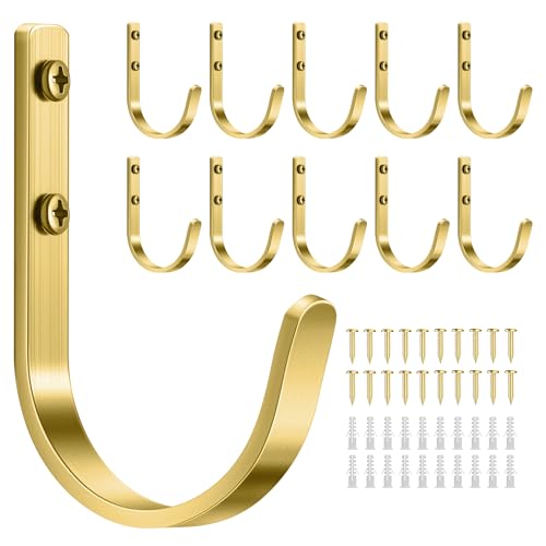 Josmimic 10 Pack Wall Hooks for Hanging Towel/Coat - 22LB Screw in Metal Hanger Wall Mount for Outdoor Closet Door Bathrooms for Backpack Robe Brushed Gold