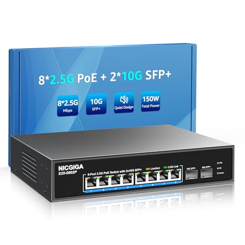 Image of 10 Port 2.5Gb PoE Switch Unmanaged with 8 Port 2.5G Base-T PoE+@130W + 2 x 10G SFP+ Uplink, NICGIGA 8 Port 2.5Gbe IEEE802.3af /at Power Over Ethernet Switch, Support WiFi6 AP, NAS, 4K PoE Camera NVR.