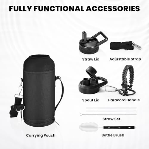 Image of RAYMYLO Insulated Water Bottle 32 oz, Triple Wall Vacuum Stainless Steel (Cold for 24Hrs, Hot for 12Hrs), Leak Proof & Non-BPA, Modern Water Flask Jug with Paracord Handle & Straw Spout Lids