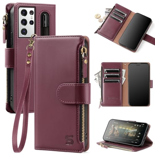 Shieldtop Compatible with Samsung Galaxy S21 Ultra 5G Wallet Case with Card Holder Women Men RFID Blocking PU Leather Phone Case Flip Protective Cover Wrist Strap Zipper Credit Card Slots Wine Red
