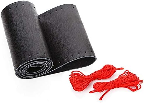 BELINOUS Leather Car Steering Wheel Cover Lace Up, Stitch On Wrap (Size M4, Black and Red)
