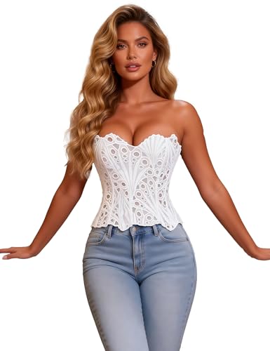 Image of comeondear Boned Corset Top for Women, See Through Overbust Bustier Tops, Floral Hollow out Shapewear Lace-up Sexy Renaissance Basque Lingerie for Wedding Bridal Size 16