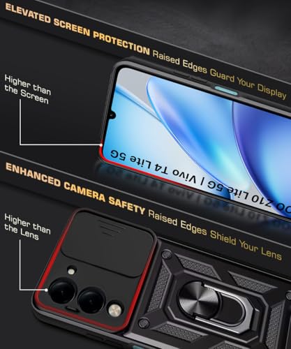 Image of WOW IMAGINE Tough Armor Bumper Mobile Back Case for iQOO Z10 Lite 5G | Vivo T4 Lite 5G | Sliding Camera Cover | Shock Proof 360 Protection | Hybrid PC + TPU | Ring Holder with Kickstand - Black