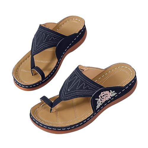 Genérico Sandalias Para Playa Zapatillas Mujer Casa Verano Sandalias y zapatillas bordadas con flores y parte inferior plana con punta de verano para mujer Sandalia Deportiva Mujer (Navy, 37)