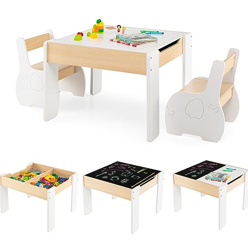 COSTWAY 4 en 1 Table Enfants avec 2 Chaises en Forme d'Eléphant, Table et Chaises en Bois avec Tableau Amovible, Espace de Rangement, Bureau pour Dessiner...