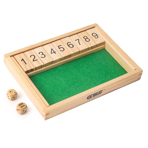 GSE Games & Sports Expert Wooden Shut The Box 9 Number Spots Dice Game Board with 2 Wooden Dice, Classic Tabletop Game Version of The Popular English Pub or Game Night
