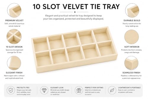 Image of 10 Slot Tie Organizer Tray for Ties and Accessories, Cream | Closet drawer storage tray with dividers for ties, pocket squares, belts, watches and small mens accessories arranged neatly