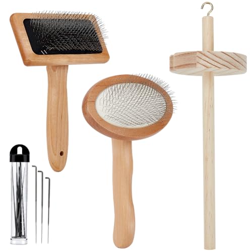 Image of BENECREAT 4Pcs Wooden Wool Carder, Slicker Brush Wood Spinning Tool Felting Tool Kits with 12Pcs Craft Wool Needles for Yarn Blending, Spinning, Weaving Craft Project Supplies