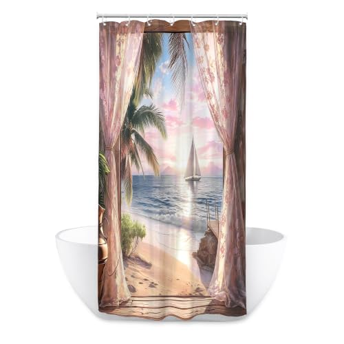 Image of Small Stall Beach Coastal Shower Curtain Pink Ocean Sunset Bathroom Decor | 36Wx72H Inch Single Narrow Bathroom Decor Fabric Polyester Waterproof 7 Pack Hooks