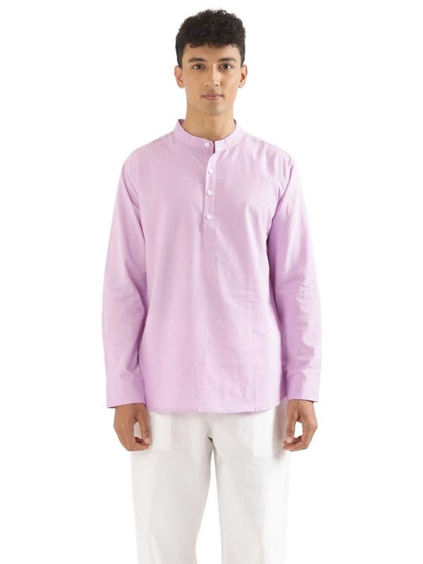 Image of SAADAA Men's Short Kurta - Linen Cotton Blend, Airy Fabric, Regular Fit, Mandarin Collar, Solid Color - Casual, Festive & Ethnic Wear