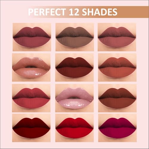 Image of Nandiayan 12Pcs Velvet Matte Liquid Lipstick Set of 12 (30 ml), Waterproof Long Lasting Quick-drying Non-Stick Cup Dark Lip Stain Kit |Smudge-Proof Transfer-Proof Lipsticks For Women | Dark shade