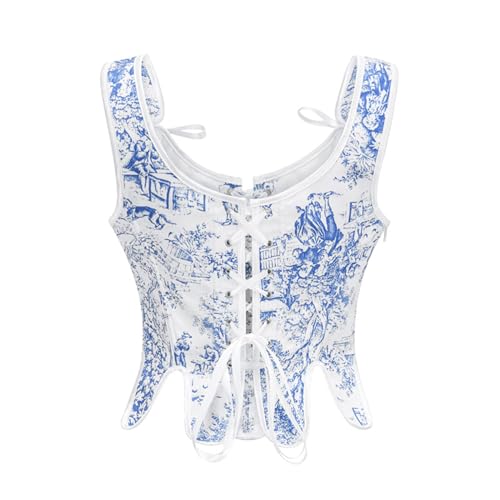 EXQIOUR Chalecos para mujer, para disfraz, faja moldeadora de cintura con cinta, patrón tradicional, push up top para mujer, blanco, M