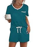 Ekouaer Pajama Set for Women 2 Piece Lounge Set Short Sleeve Tops and Shorts Soft Sleepwear, Chest Pocket Blue Green