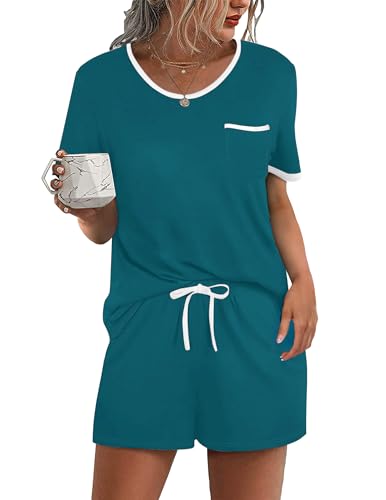 Image of Ekouaer Pajama Set for Women 2 Piece Lounge Set Short Sleeve Tops and Shorts Soft Sleepwear, Chest Pocket