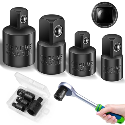 Furuising 4 Stück Stecknuss Adapter Satz, 1/4 Zoll auf 3/8 Zoll, 1/2 Zoll auf 3/8 Zoll, CR-V Schlagschrauber Adapter, Stecknussadapter Set mit Box für Steckschlüsseln Nuss Knarren