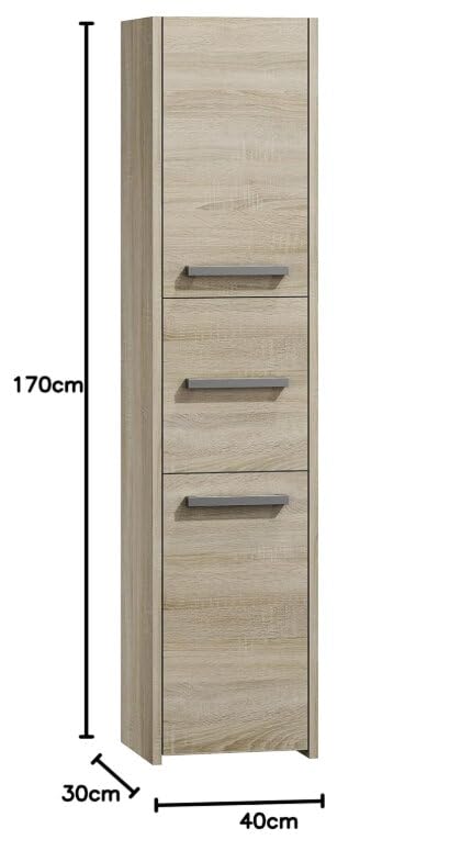 BDW - Armario de Baño Corredera - Armario de Baño Alto - 170x40x30 cm - 3 x Puertas con Tiradores, amplios estantes en el Centro, Lado de Apertura de la Puerta Seleccionable - Roble Artesano