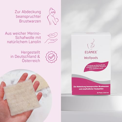 ELANEE Wollpads, für stillende Mütter, zur Abdeckung beanspruchter Brustwarzen und empfindlicher Hautpartien, mit natürlichem Lanolin, gebrauchsfertige Fettwolle, ca. 8 x 8 cm, 20 Stück (224-00)