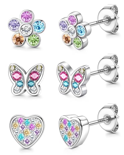 JeweBella 3 Paare Ohrringe Silber 925 Mädchen Kinder Ohrstecker Silber 925 Damen Hypoallergene Niedlich Kleine Blumen Herz Schmetterling Ohrringe Set Schmuck Geschenke für Mädchen Silber/Gold