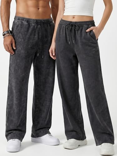 JMIERR Men's Baggy Sweatpants Vintage Acid Washed Cotton Pants, Black, M