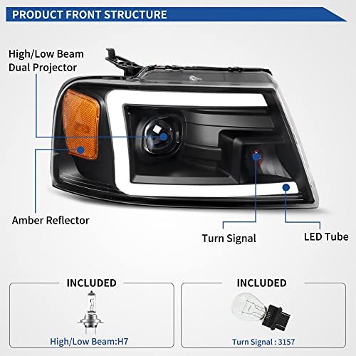Image of OEDRO LED DRL Headlight Assembly for 2004-2008 Ford F150 Headlamp Replacement w /Daytime Running Light Black Housing Amber Reflector Clear Lens Pair Set