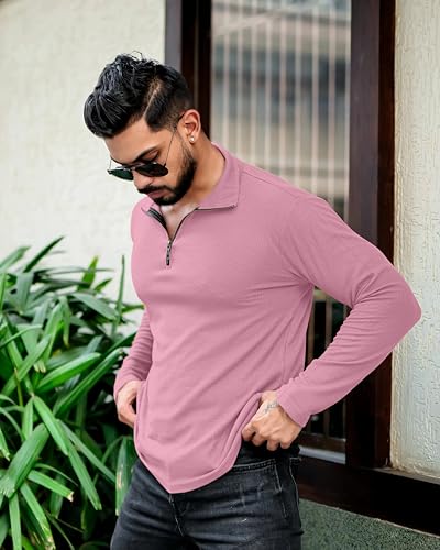Image of KAJARU Men's Polyester Blend T Shirt with Spread Collar Neck Line Zipper Closure Full Sleeves Solid Pattern Regular Fit and Standard Length
