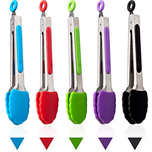 5 Pack Silicone Cooking Tongs Set 7-Inch Mini Tongs Heavy Duty Black Stainless Steel Silicone Small Kitchen Tongs with Non-Stick Silicone Tips for Food,Serving,BBQ,Salad,Grilling and More