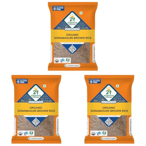 Image of 24 Mantra Organic Sonamasuri Unpolished Rice Brown /Brown Chawal - 5 Kg | Pack of 3 | 100% Organic | Chemical Free & Pesticides Free