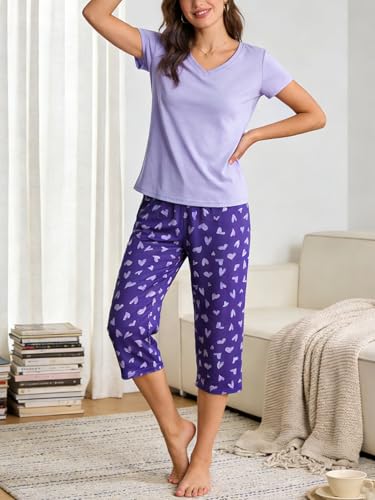 Image of YIJIU Women Soft Comfy Pajamas Cute Cat Short Sleeve Capri Pants PJS Set