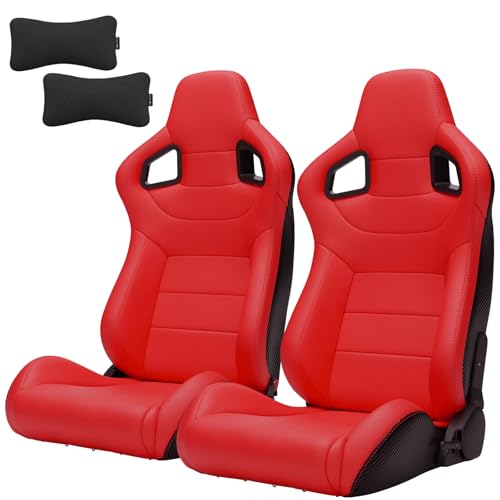 2 Pieces Universal Racing Seats with Dual Lock Sliders, 1 Pair PVC Leather Bucket Seats with Two Headrest Pillows for Cars