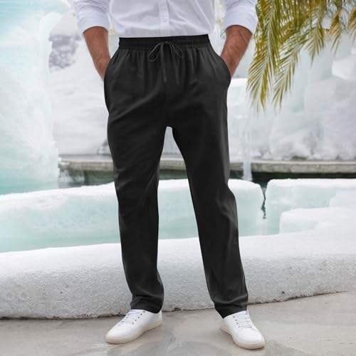 Linen Lounge Pants Mens Solid Casual Straight Drawstring Long Pants Pockets Elastic Waist Comfy Trousers2
