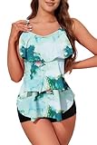 Womens Tankini Bathing Suits with Boy Shorts Flounce Top Plus Size Modest Retro Tummy Control Two Piece High Waisted Swimsuits Green Gold M
