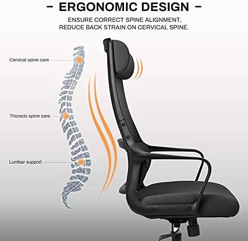 MELOKEA Ergonomic Office Chair, Executive Manager Desk Chairs with Adjustable Headrest and Height, Breathable Padded Seat with Armrest Lumbar Support, Swivel Mesh Chair for Home Office Work