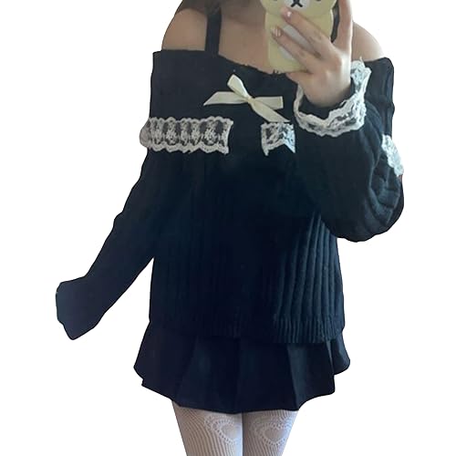 Image of Women Y2k Cold Shoulder Knit Sweater Top Long Sleeve Lace Trim Knitted Pullover Sweaters Bow Cardigan Streetwear