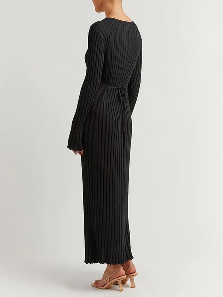 Image of Women's Long Knit Crewneck Sweater Dress Tie Waist A-Line Swing Pleated Bodycon