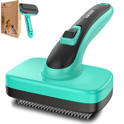WOPQAEM Self Cleaning Slicker Brush for Dogs and Cats - Skin Friendly Shedding & Grooming Tool for Long and Short Haired Pets,Easy Clean Retractable Bristles,Green