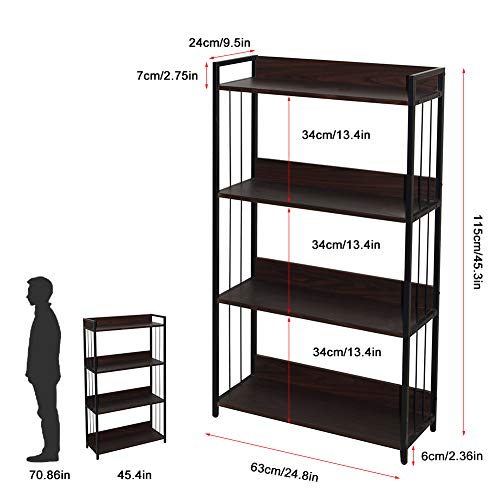 Bookshelf 4 Tier Industrial Bookcase Rustic Storage Standing Rack Shelf Organizer with Wall Lock, Wood Look with Metal Frame Vintage Shelves Morden Book Shelves for Home Office (Walnut)