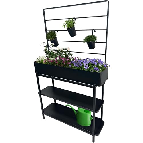 dobar Metall-Hochbeet mit Rankgitter und 3 Hängetöpfen Pflanzregal aus pulverbeschichtetem Stahl mit 2 Ablagen Pflanzkasten für Balkon Terrasse und Garten 94 x 30 x 155 cm - Anthrazit