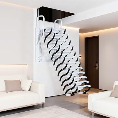 10 ft Wall-Mounted Folding Ladder, Attic Pull-Down Staircase System, 12-Step Loft Retractable Stairs, Suitable for Family Garages, Attics and Basements, Up to 660 Lbs (Black and White, 10ft)