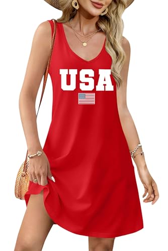 Image of LHBNK 4th of July Dress for Women: American Flag Tank Dresses Star Striped Splicing Loose V Neck Sundresses
