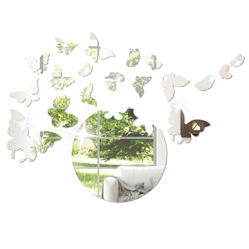 milaosk Espejos Decorativos de Pared,18 Piezas Espejo Autoadhesivos Pegatina Mariposa Redondo Espejos de Pared Acrílico DIY Vinilo Espejos Adhesivos de Pared para Salon Dormitorio Baño Casa Decoración
