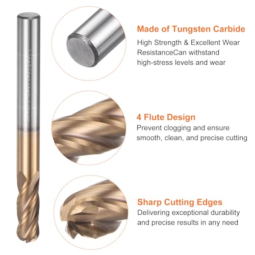 Image of HARFINGTON 5 Pcs Ball Nose End Mill 4 Flute 1 /4 inch Diameter 1 /4 inch Shank Tungsten Carbide Spiral CNC Router Bits 3 /4 inch Cutting Length Single End Ball Cutting Tool for Carving Engraving Grinding