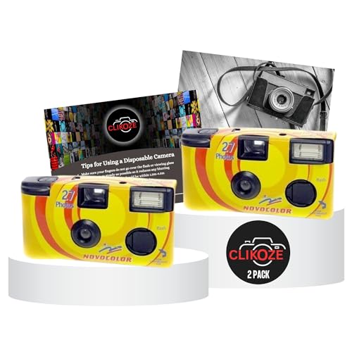 Disposable Camera Bundle with Novocolor APM401004 Single-Use Film Cameras with 27 Exposures x2 and Clikoze Disposable Photography Tips Card