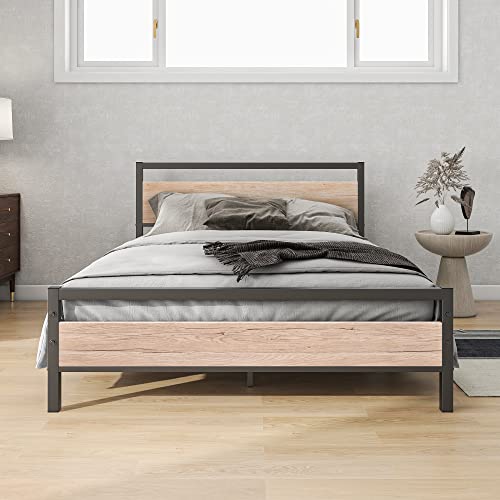 Image of BOFENG Full Size Bed Frame with Wood Headboard,Heavy Duty Platform Bed Frame Full with Storage No Box Spring Needed,Reinforced Steel Slats Support,Mattress Foundation,Oak Color