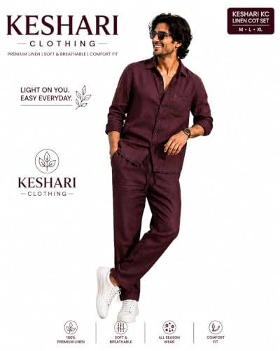 Image of Men's Premium Linen Co-Ord Set | Regular Fit Full Sleeve Solid Shirt with Drawstring Trouser | Breathable Linen Casual Outfit for Summer, Travel, Beach, Vacation & Daily