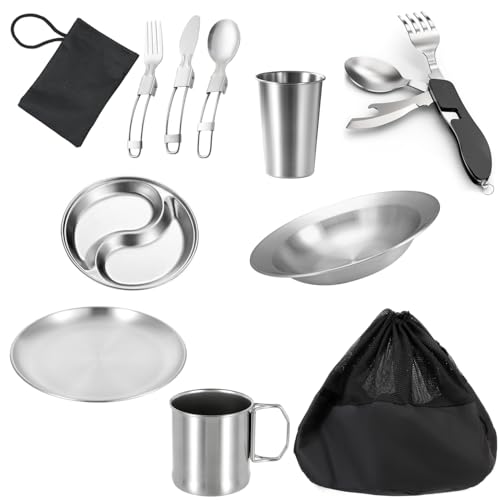 Stainless-Steel-Camping-Mess-Kit-Person-Dish-Set-with-Mesh-Bag-Backpacking Stainless Steel Camping Mess Kit Person Dish Set with Mesh Bag Backpacking - Image 1