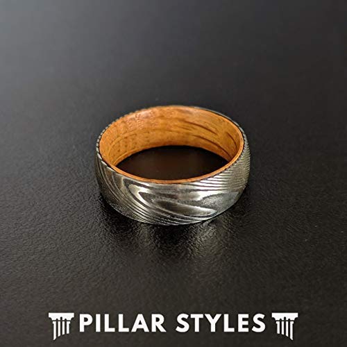 Pillar Styles Silver Whiskey Barrel Rings With Damascus Steel 8Mm Whiskey Wood Rings For Men thumb #2