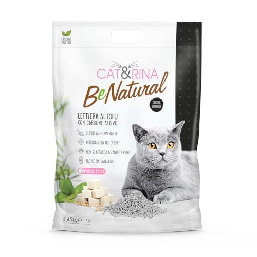 Cat&Rina BeNatural, Arena de Tofu para Gatos, Aglomerante, Vegetal y Ecológica. hasta 30 Días de Uso. Desechable en el Orgánico o el Inodoro | Fragancia : Carbón Activo, Formato 5,5 L