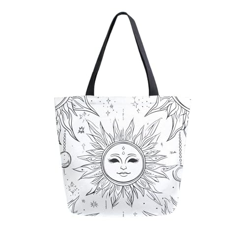 Extra Large Shoulder Tote Bag for Beach Travel Weekender Gym Hand Drawn Sun Pattern Black White Reusable Grocery Canvas Shopping Bag