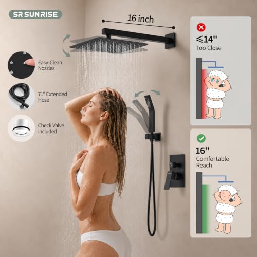 Image of SR SUN RISE Black Square Rainfall Shower and Handle Set, Wall Mounted Fixture, Metal Faucet Trim Kit with Valve