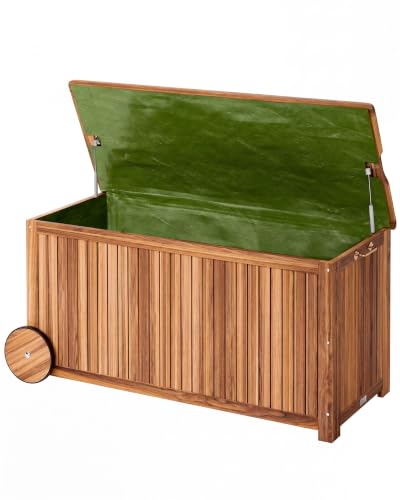 Casaria® Coffre de rangement en bois 350 L roues poignée capacité charge couvercle 160 kg bâche intérieure Jardin Malle